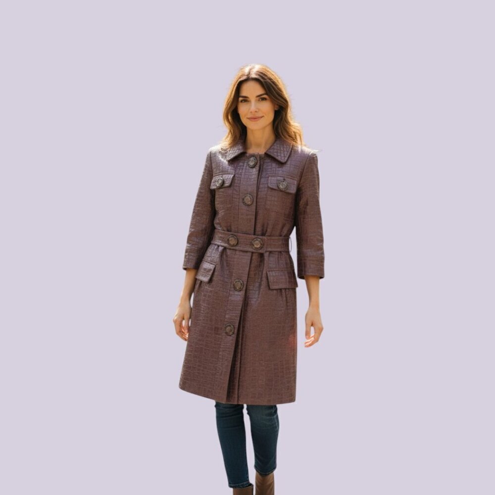 Vertigo Paris Croc Glam Chocolate Brown Trench Coat Belted Shimmer Finish Md EUC